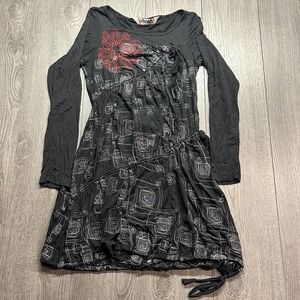 Smash! Womens Y2K Long Sleeve Tunic Medium Top Black Embroider Floral Geometric